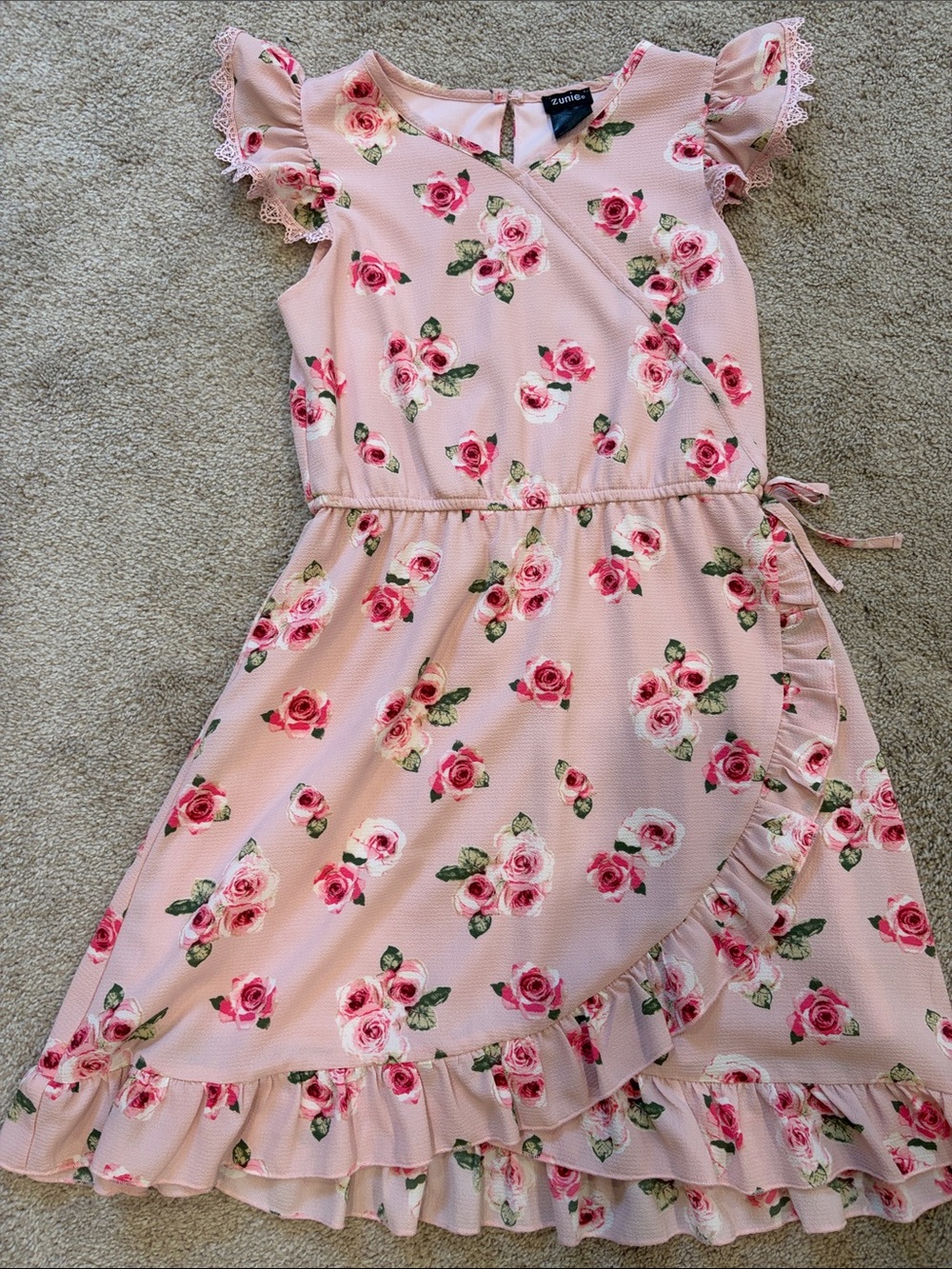 Zunie Pink Rose-Print Wrap Dress with Ruffle Trim
